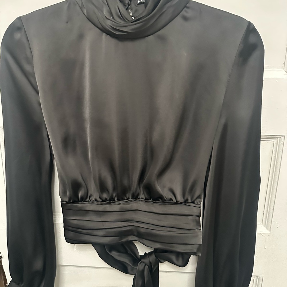 Zara Black Satin Blouse with Tie Detail